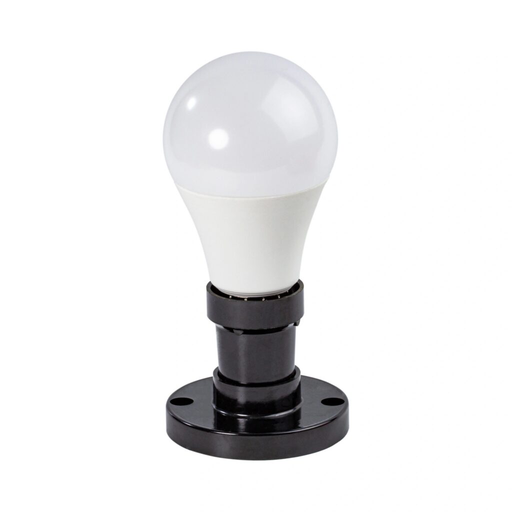 An energy saving LED lamp screwed into a black socket isolated on white.