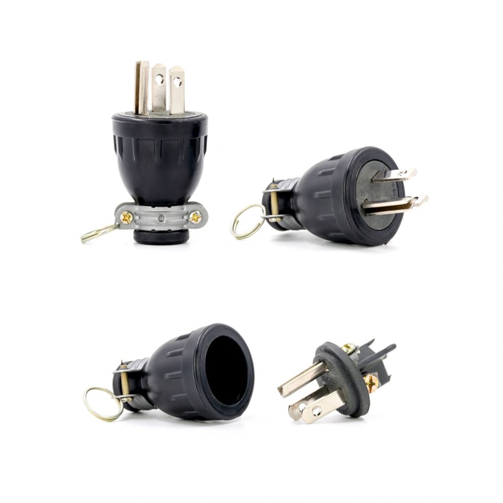 Group of male electrical plug isolated on white background.
