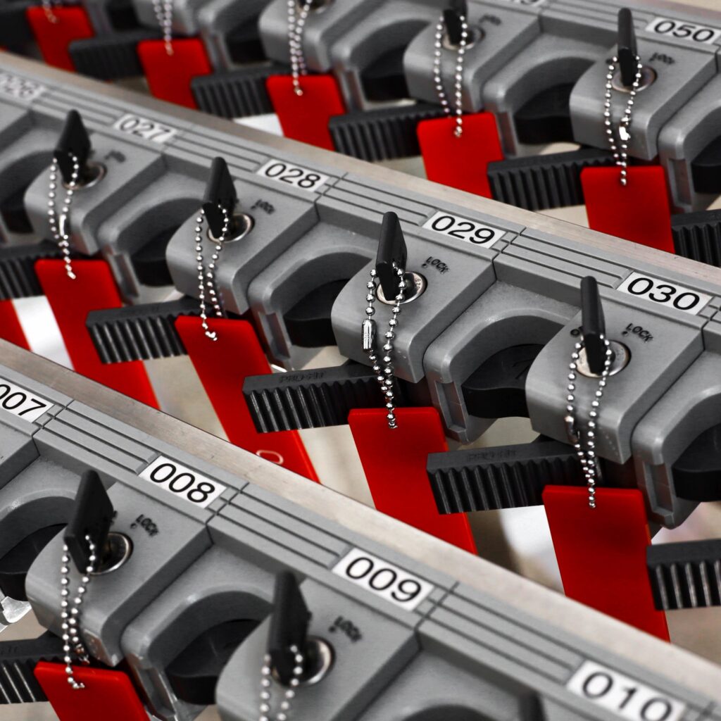 Umbrella stand locks and keys lined up in an orderly manner