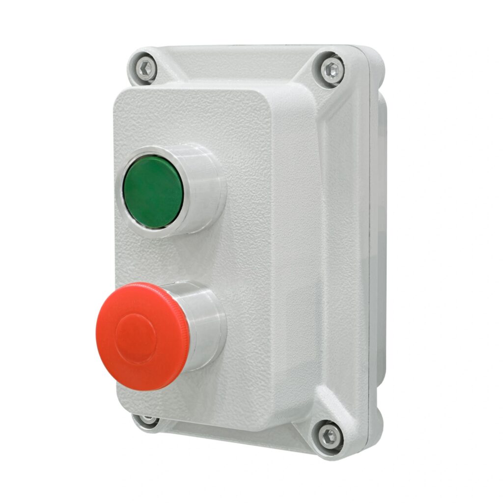 Grey control panel with red and green electric buttons