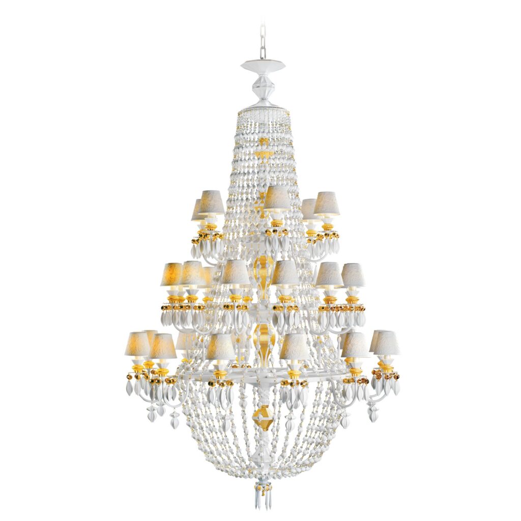 Porcelain Chandelier Thirty Lights Isolated on White Background. Pendant Ceiling Light Fixture with White Metal Chandeliers in Gold Luster and Translucent Porcelain Lampshades. Classical Lamp Handmade