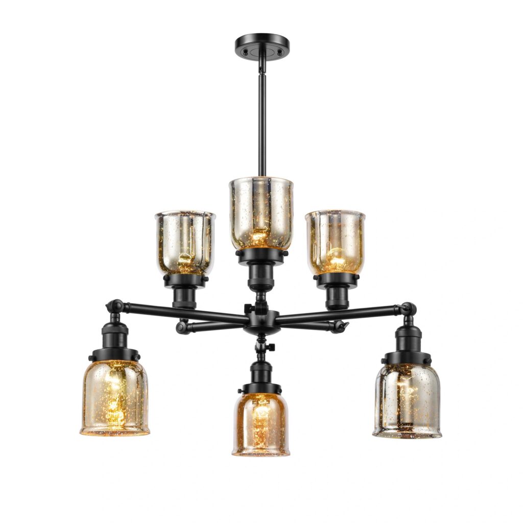 Metal Brass Six Lights Shaded Chandelier Isolated on White Background. Shape Bell Pendant Ceiling Light Fixture. Antique Hanging Lights. Retro Vintage 6 Light Led Chandelier. Pendant Sconce