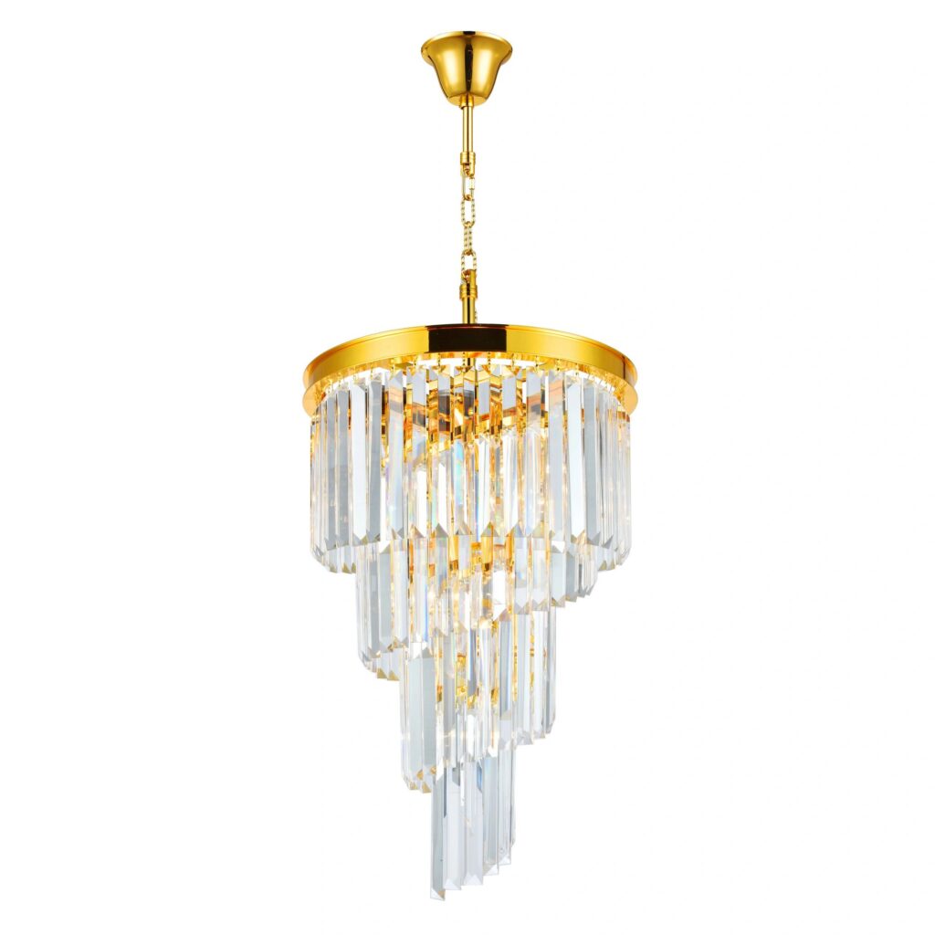 Luxury Spiral Chandelier 9 Lights Isolated on White Background. Modern Pendant Ceiling Light Fixture in Gold Brass Finish and Crystals. Vintage Hanging Lights. Classic Pendant Sconce Lighting Lamp